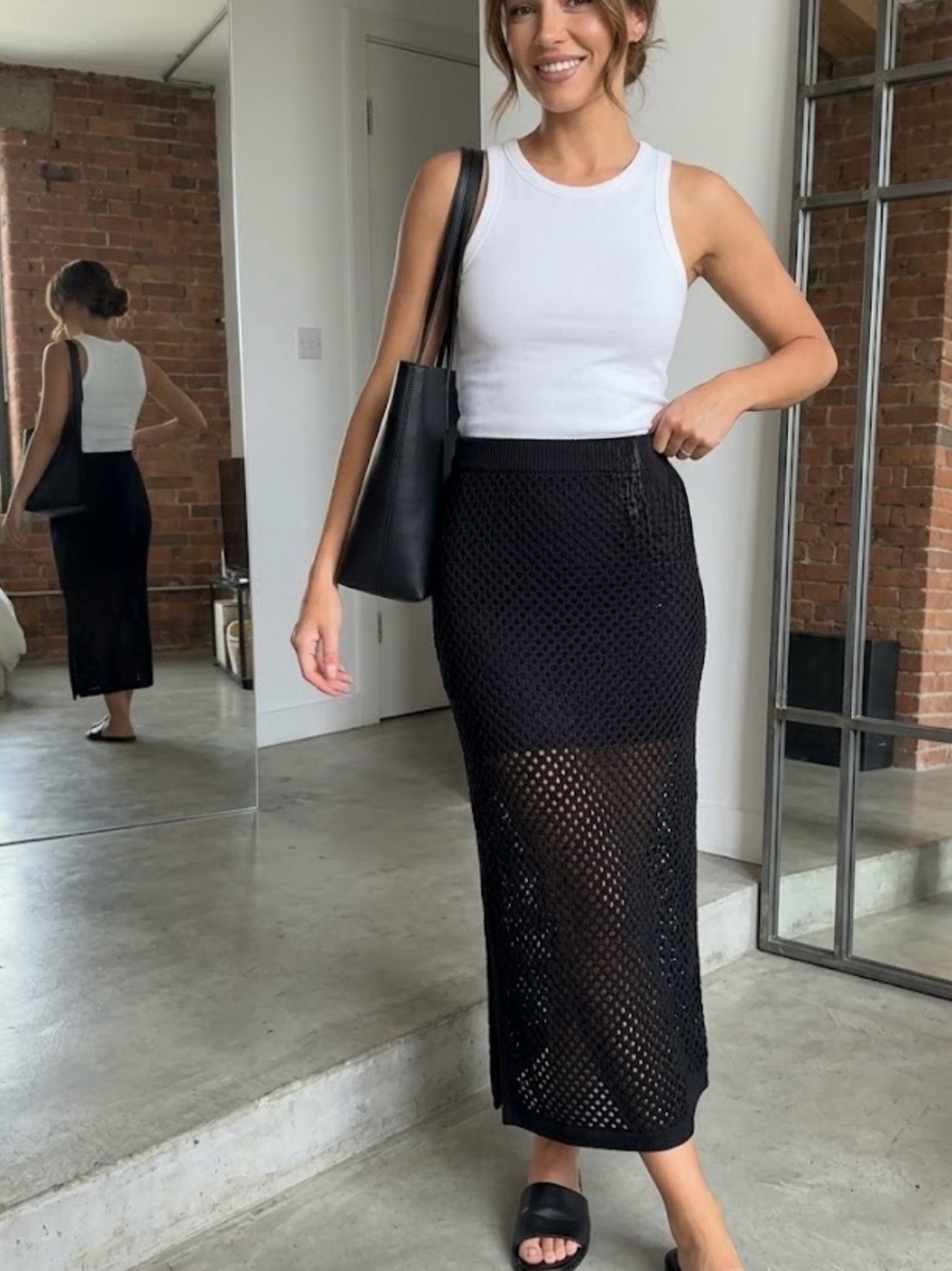 Women's Black Crochet Midi Skirt - Knit Overlay